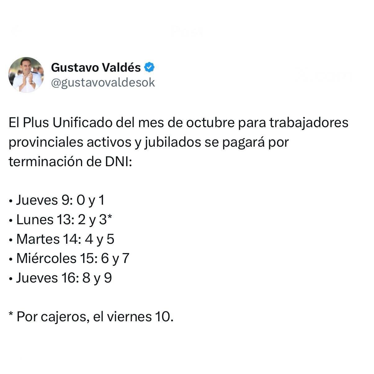 Salarios: Valdés confirmo el pago del Plus Unificado desde el jueves 9 de octubre