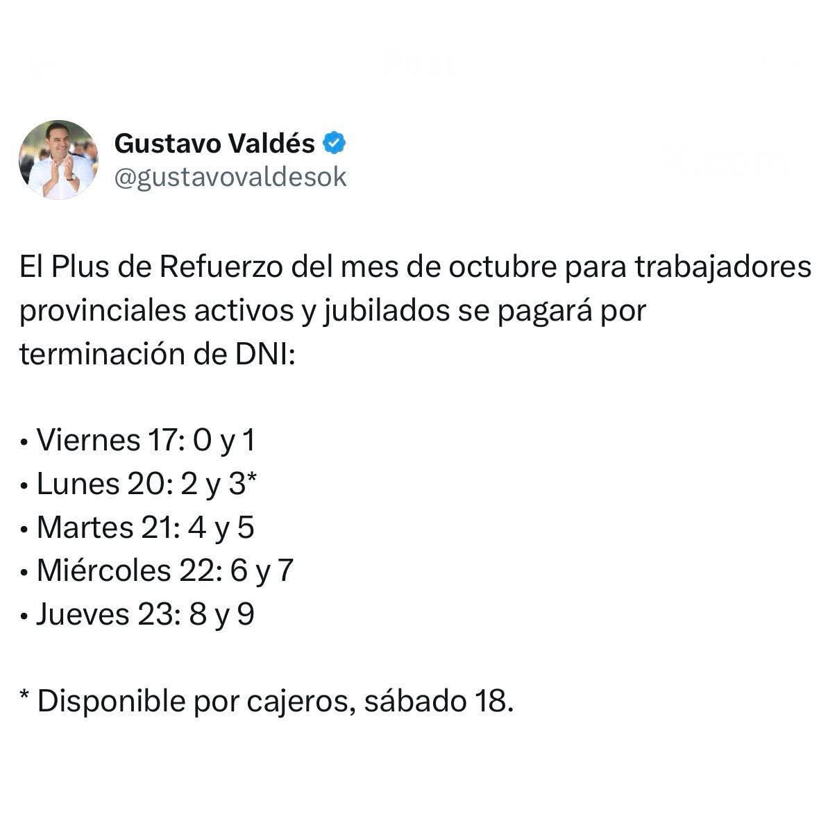 Salarios: Valdés anunció el cronograma del Plus de Refuerzo desde el viernes 17 de octubre